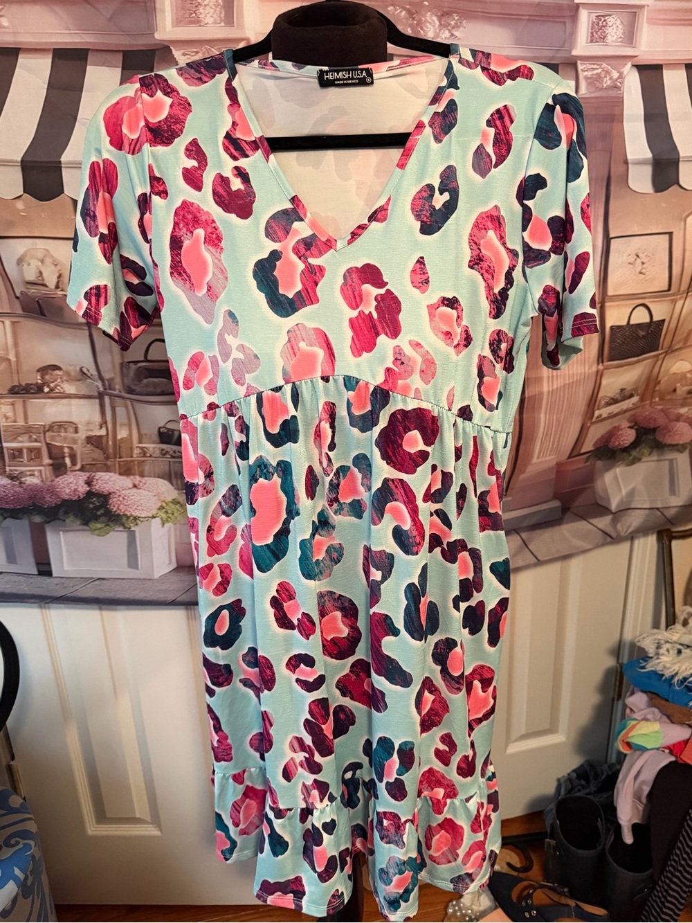 HEIMISH USA Teal and Pink Floral Leopard V-Neck Top